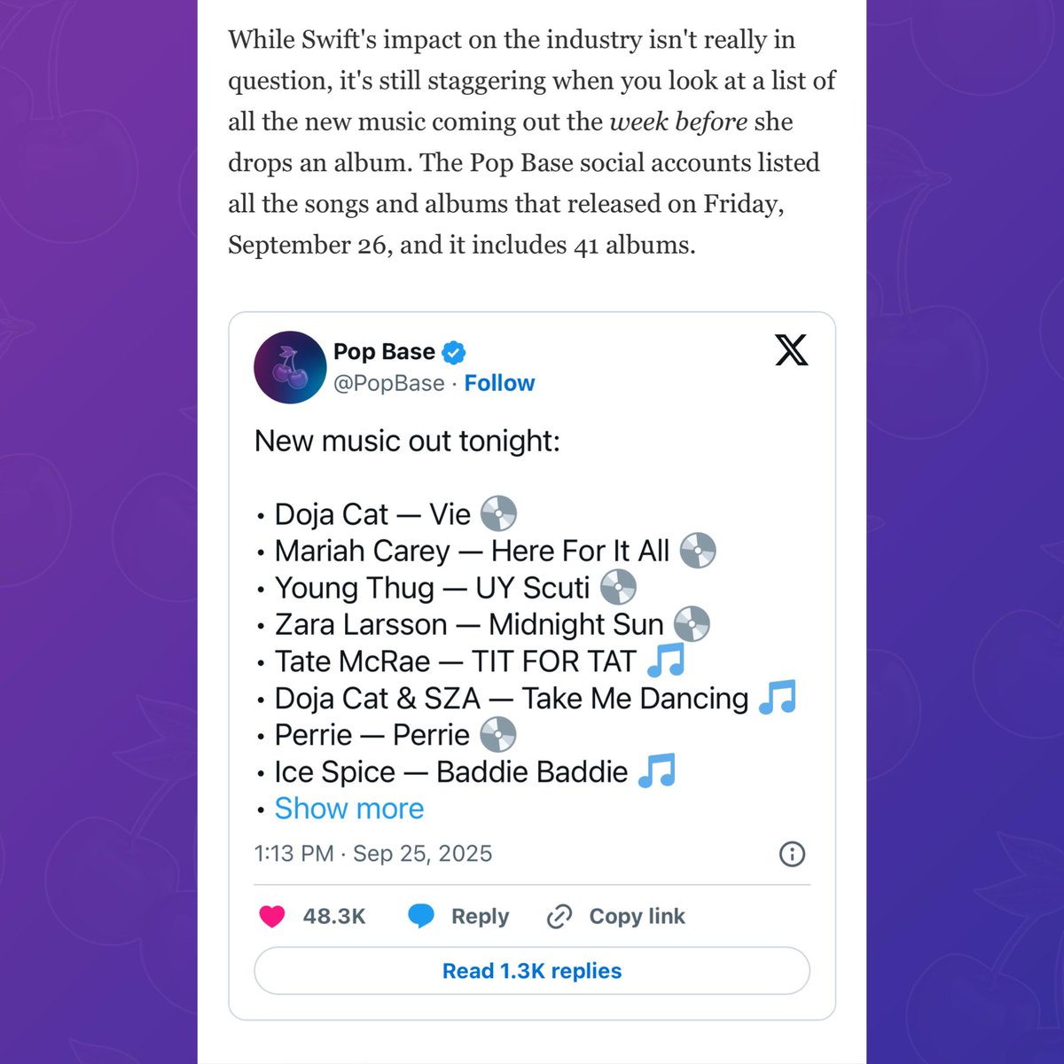 PopBase's tweet photo. USA Today on Taylor Swift’s releasing impact:

“While Swift’s impact on the industry isn't really in question, it’s still staggering when you look at a list of all the new music coming out the week before she drops an album. The Pop Base social accounts listed all the songs and albums that released on Friday, September 26, and it includes 41 albums.”

(https://t.co/ijPkcemJDs)