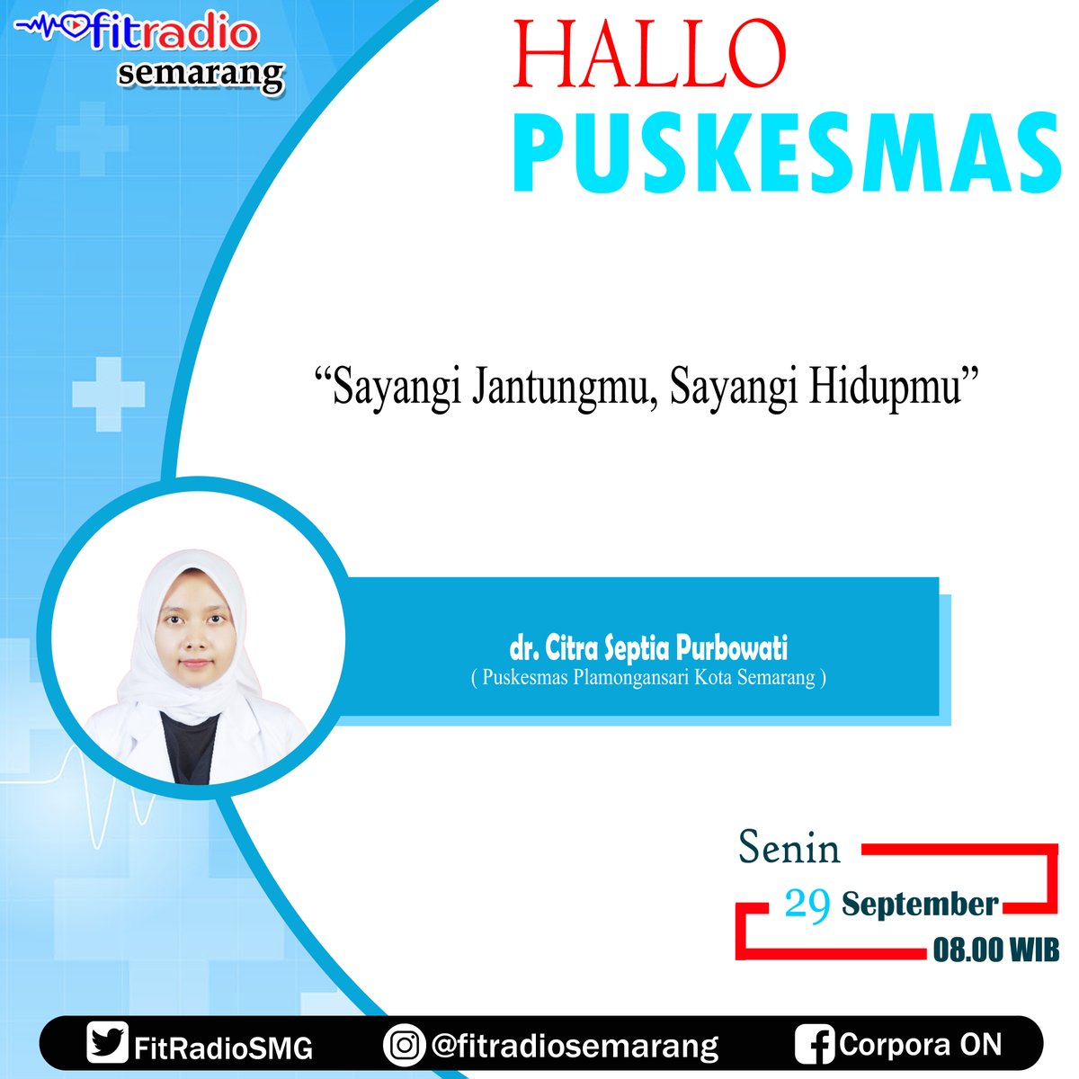 Sayangi Jantungmu, Sayangi Hidupmu

Hallo Puskesmas Jam 08.00 WIB

Bersama PKM @puskesmasplamongansari Semarang

Interaktif WA SMS 0811 811 9570

#jantung #hallopuskesmas #stayfit #dokter #puskesmas #stayfitforlife #senin #kesehatan #radiokesehatan