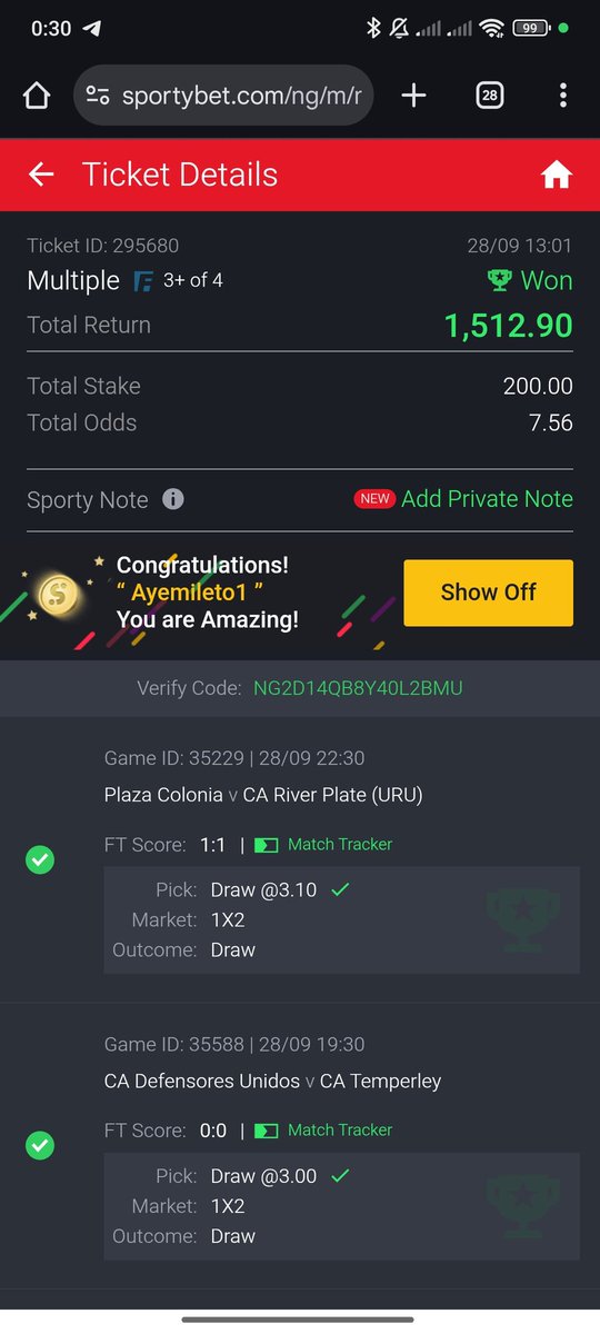 My Biggest win on SportyBet so far.

I saw a 14/14 draw games ticket on their code hub section, created multiple varieties of the ticket and changed 2 games to GG/NG.

Many of the tickets cut, but these 4 entered. Those 2 games would have cut them too.

Omo, Glory be to God🤗