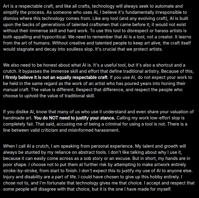 Minco_r34's tweet photo. I want to clarify my stance on AI, explain why I use it, and hopefully encourage more open discussions about it in the future. https://t.co/jAdlSSuF6V