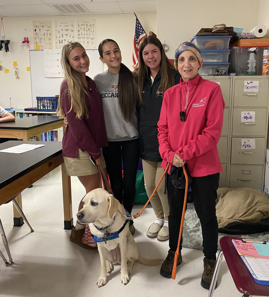 CaravelAcademy's tweet image. As part of National Service Dog Awareness Month, we were excited to welcome Rosie, a hearing service dog, to campus on 9.25.25!!  Rosie is a valuable companion to Mrs. Pasino, the wife of MS Science teacher Mr. Dale Pasino.  #caravelacademy #caravelfamily #caninecompanions