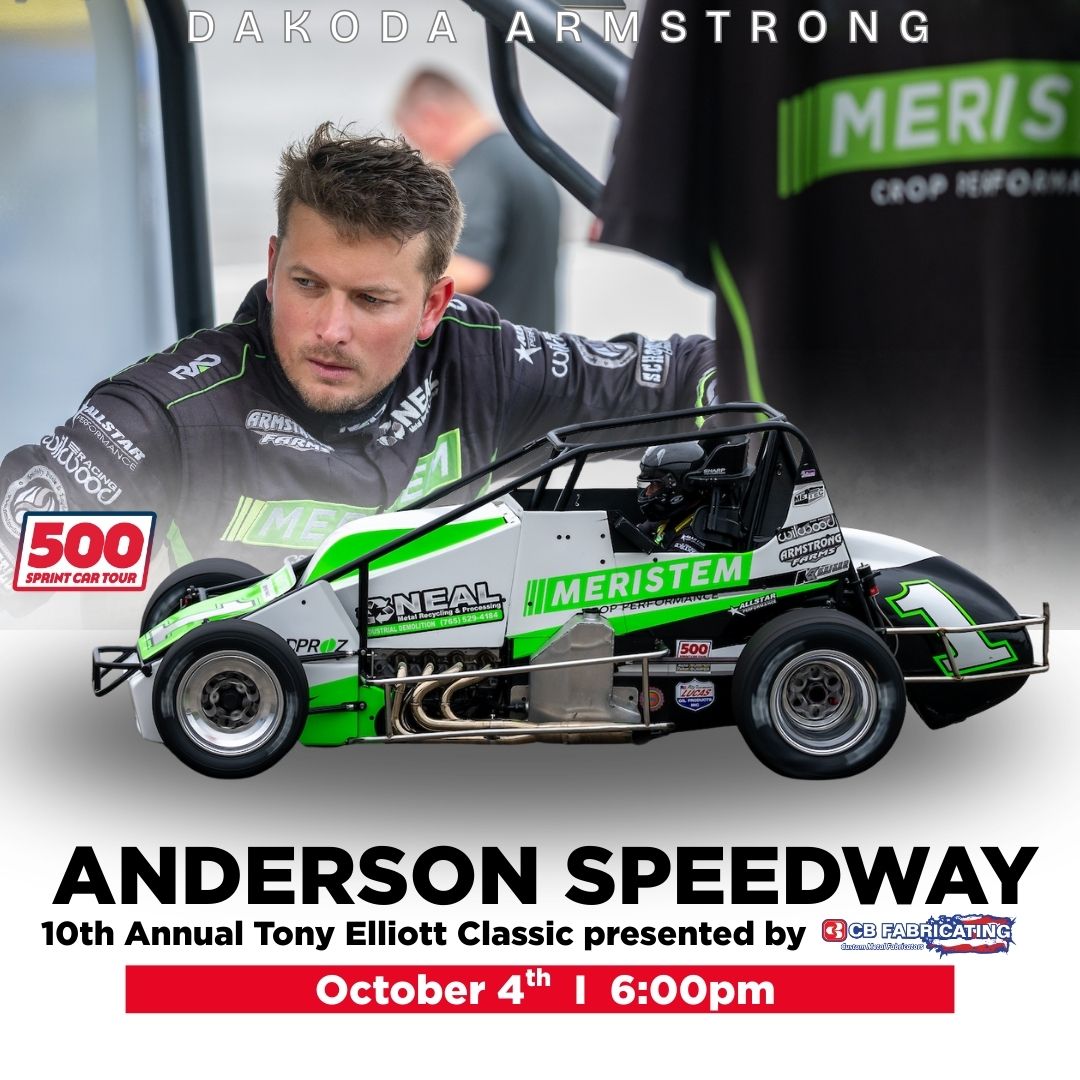 500SprintTour's tweet photo. 🏁 Back-to-Back WINNER RETURNS! 🏁

Dakoda Armstrong heads to Anderson Speedway for the 10th Annual Tony Elliott Classic on Oct 4!

🔥 Defending winner
🔥 Current 500 Sprint Car Tour points leader

🎟 https://t.co/aAiU7mqxR6
📺 @dirtvision 

#SprintCar #TonyElliottClassic https://t.co/Ndm48vf3ZV