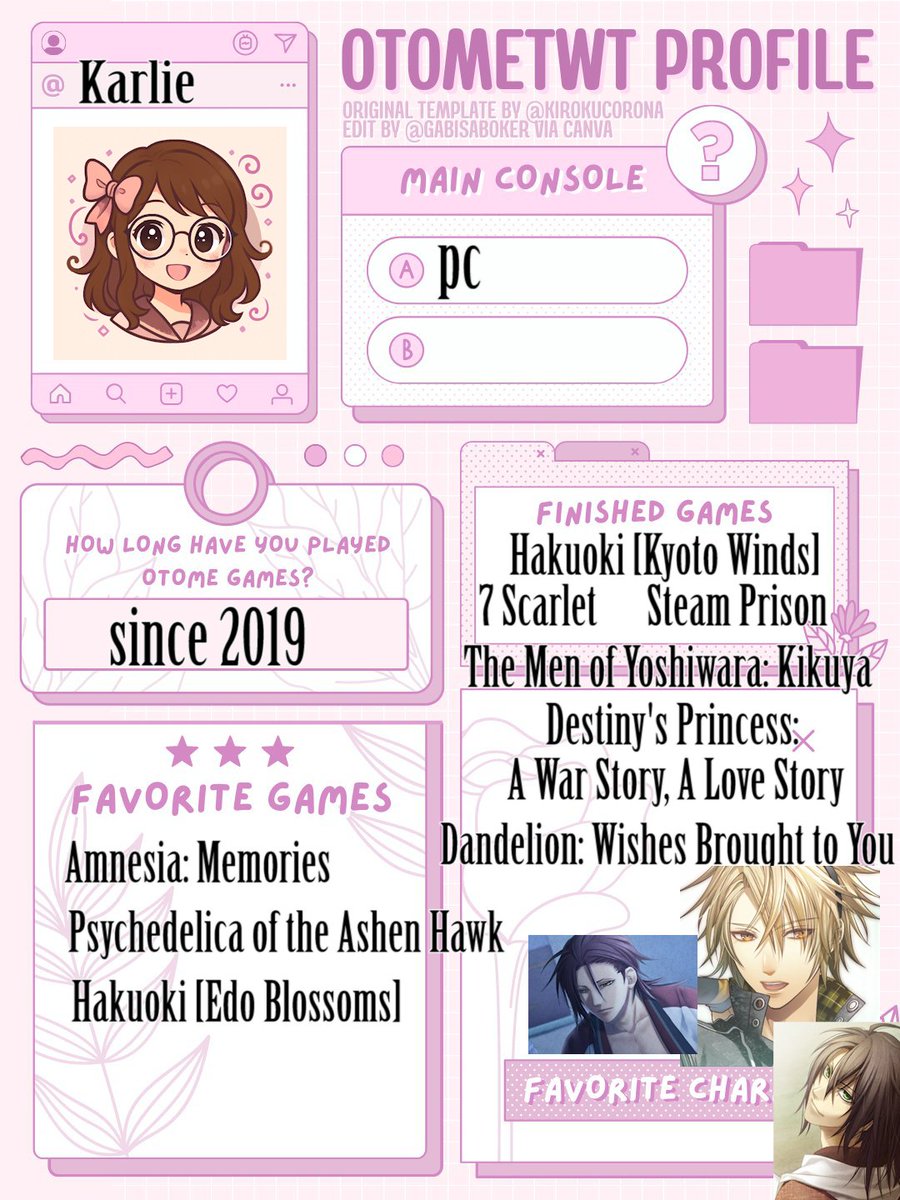 BagKarlie's tweet image. Officially saying hello to my fellow otome lovers ☺️ long time player, first time being around otome community. 
My friend shared this with me to fill it and it was a lot of fun~ #otometwtintro