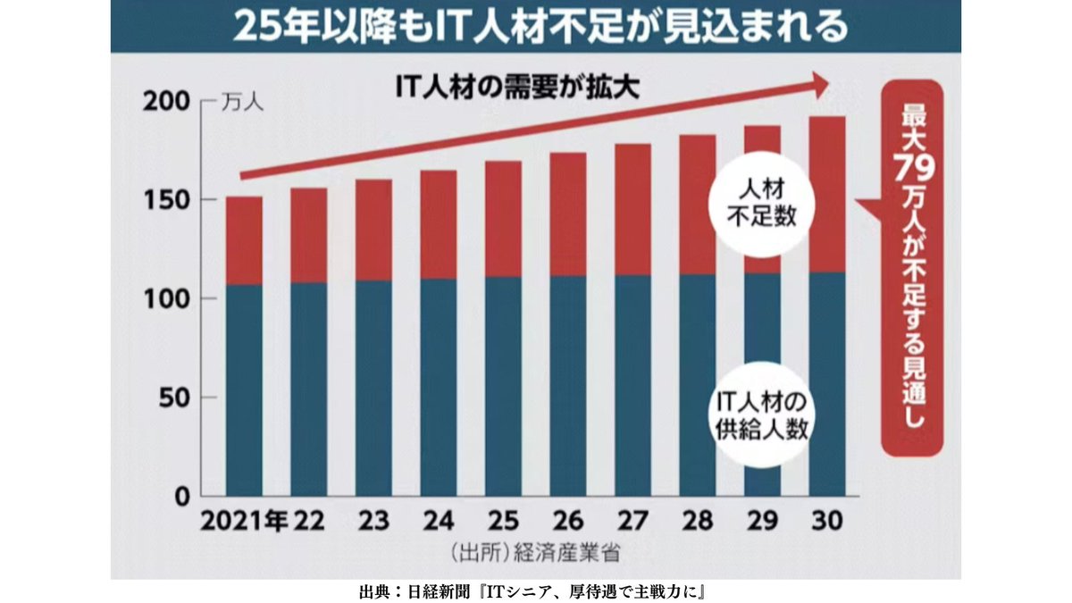 chirutomoblog's tweet image. 📌IT人材の需要は急増中
📌IT人材は2030年に最大79万人不足する見通し
これはつまり…
・未経験でも転職しやすい(ポテンシャル採用)
・高待遇オファーをもらいやすい
ということ！
今のうちにIT業界・IT職種に転職してITスキルを身につけ、将来食いっぱぐれないキャリアを目指そう！✨
#転職