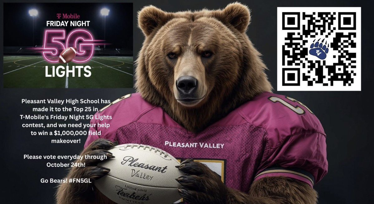 Lauryn Conway Bencker (@pvsd_lcbencker) on Twitter photo 🐻 🩵🩶TOP 25! 🩶🩵🐻
PLEASANT VALLEY is the ONLY DISTRICT in PA left in the running for the $1,000,000 field makeover!
Vote daily through October 24th:
t-mobile.com/brand/friday-n…
Go Bears!!!! <a href="/PADeptofEd/">PA Department of Education</a> <a href="/GovernorShapiro/">Governor Josh Shapiro</a> 🐻 🩵🩶TOP 25! 🩶🩵🐻
PLEASANT VALLEY is the ONLY DISTRICT in PA left in the running for the $1,000,000 field makeover!
Vote daily through October 24th:
t-mobile.com/brand/friday-n…
Go Bears!!!! <a href="/PADeptofEd/">PA Department of Education</a> <a href="/GovernorShapiro/">Governor Josh Shapiro</a>