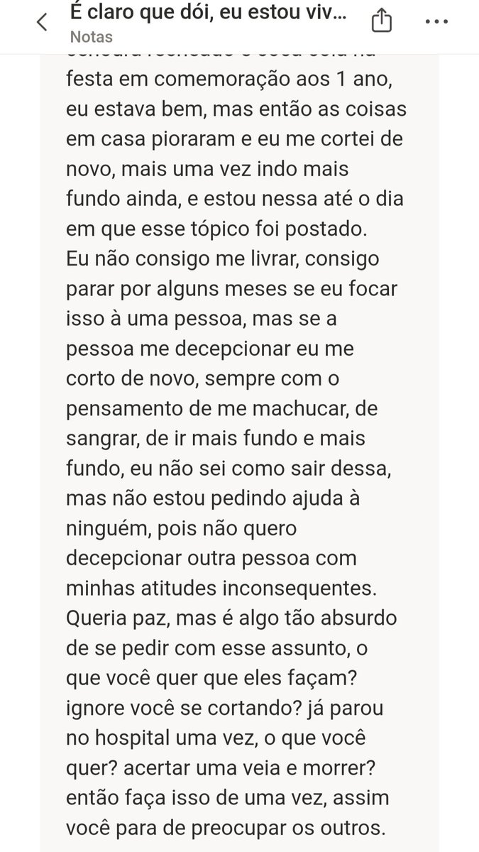 TW: SH!!!!!

Tópico: "É claro que dói, eu estou viva"

Como comecei a fazer sh, como eu conheci, como meus pais descobriram e lidaram com isso, meus recoverys, e meu vício em não conseguir parar.

tópico um pouco longo mas está ai