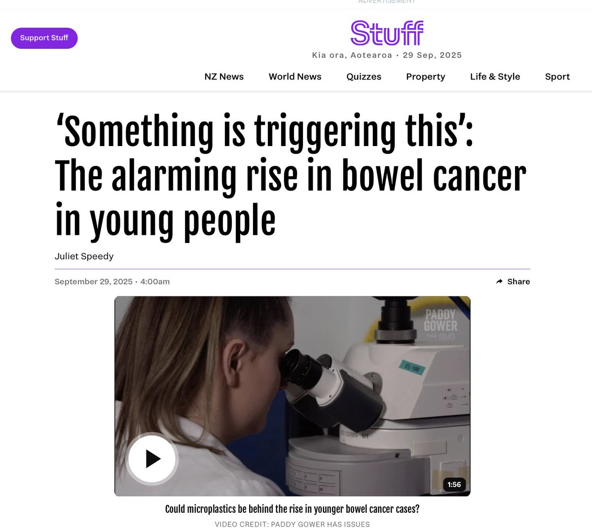 At this point it's about as subtle as a plane crash.

"Bowel cancer rates are climbing sharply among younger New Zealanders, in what experts describe as one of the most alarming shifts in cancer worldwide.

Dr Frank Frizelle, one of the country’s leading colorectal surgeons, says
