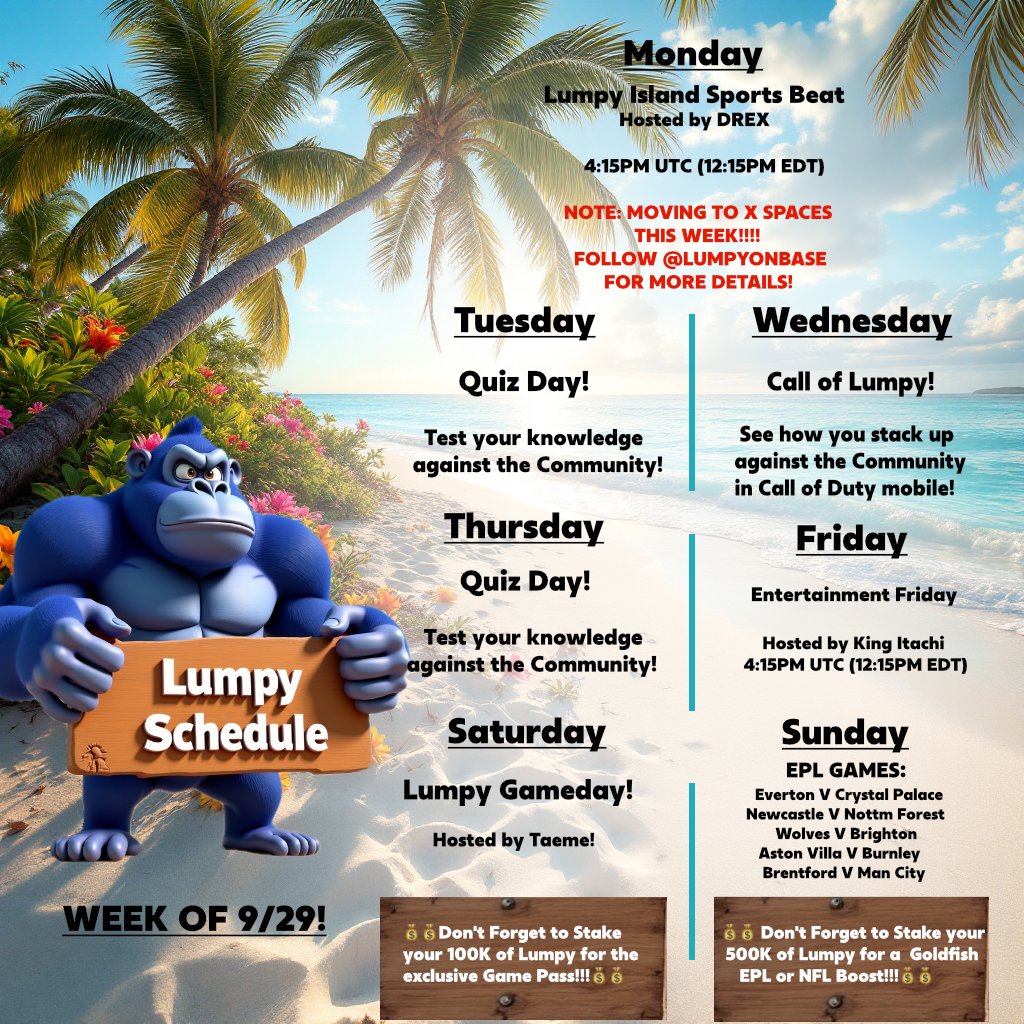 🚨🚨SCHEDULE ALERT!!🚨🚨

NEW WEEK! NEW SCHEDULE! Pay special attention as Monday's VC has moved over to X Spaces. Follow us on X (@LumpyOnBase) for further details! Come join us on Telegram for all the action this week! You will be glad you did!!

Telegram:
