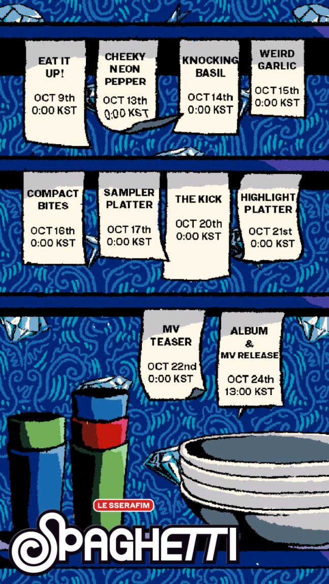 Kpop_Herald's tweet image. .@le_sserafim is dropping a new single "SPAGHETTI" on Oct. 24 and teased a snippet of it through an animated timetable styled like a restaurant order sheet. The music video teaser is coming out on Oct. 22. Who's excited here?
#LE_SSERAFIM #LE_SSERAFIM_SPAGHETTI #SPAGHETTI…