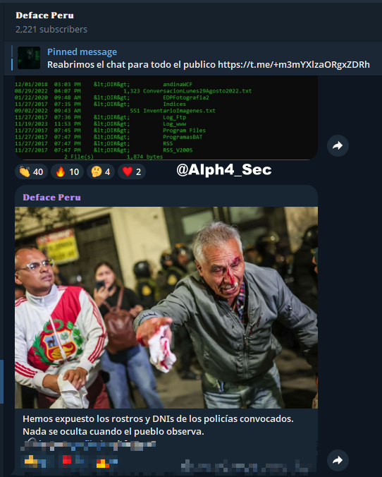 Alph4_Sec's tweet photo. 🚨 Threat Alert | Policias Convocados Marcha | Doxing – Perú 🇵🇪
El Grupo DefacePeru ha expuesto los rostros y DNIs de los policías convocados en las marchas.
#Peru #Doxing #MarchaPeru #Leaks #DefacePeru #Cybersecurity https://t.co/e6LfMYnjUv