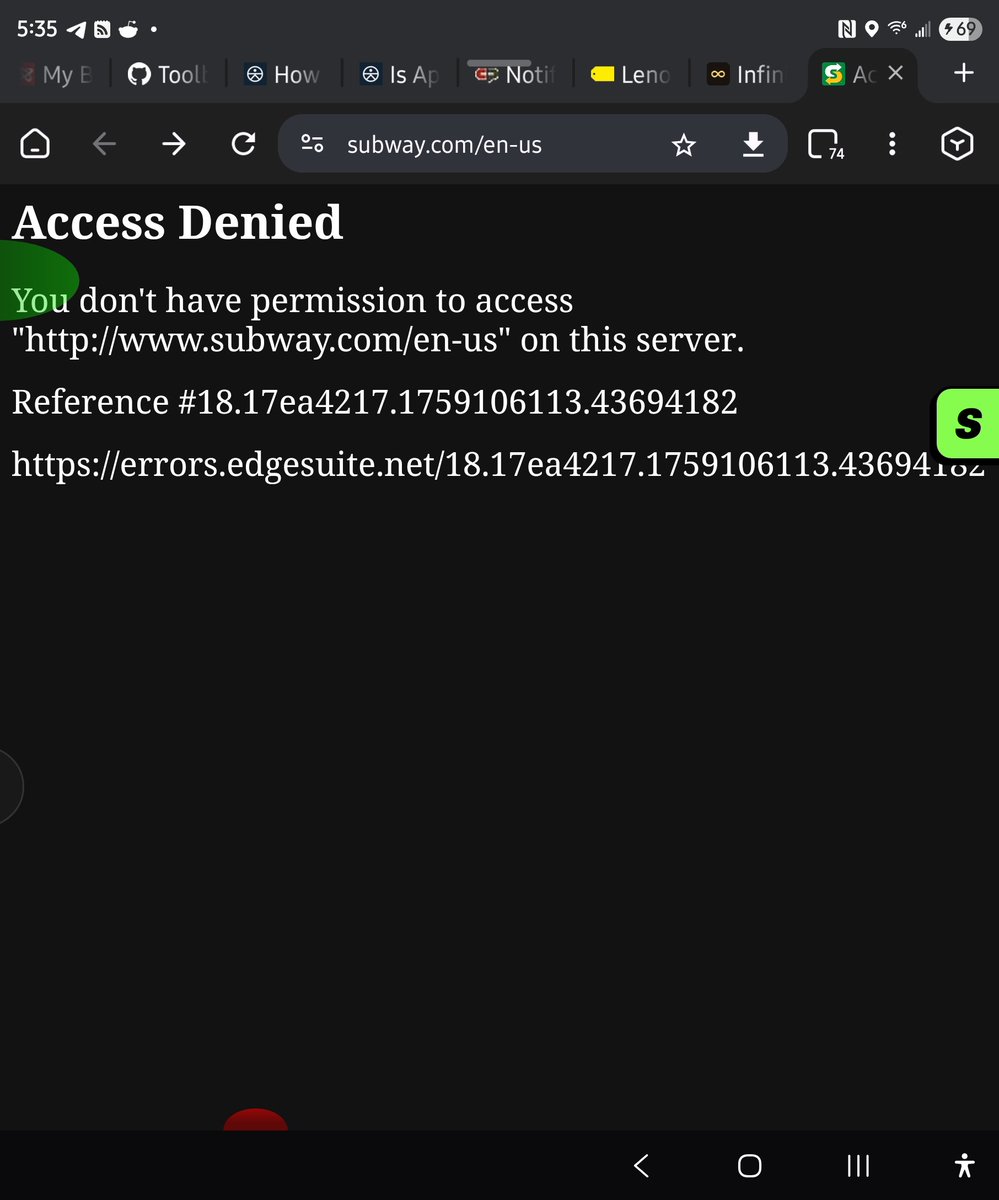 AlreadyGuilty's tweet image. @SUBWAY Fix your damn website and make it possible to report website issues to you! You're losing sales. It sometimes works for a few minutes but in multiple browsers, multiple devices, via Wi-Fi or 5G, desktop mode or mobile, over several weeks, it always ends with this!