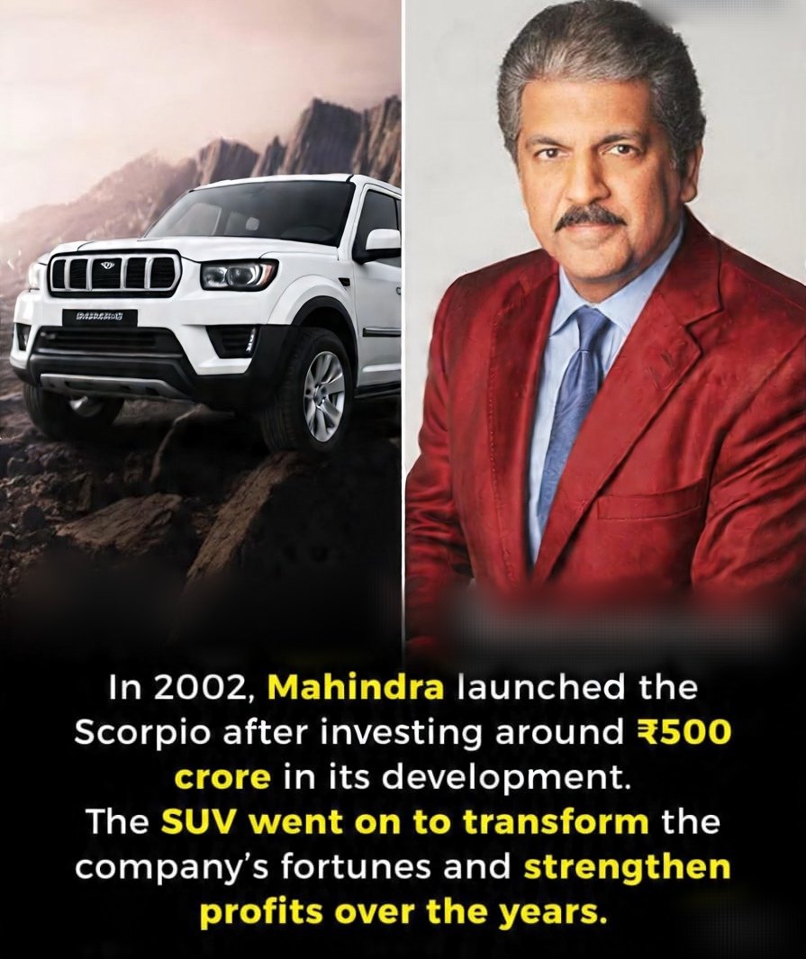 RahulKamya's tweet image. In 2002, Mahindra made a groundbreaking investment of ₹500 crore to launch the Scorpio, India's first indigenously developed SUV, engineered and designed entirely in-house.

#Mahindra #Scorpio #IndianAutomobile #BusinessTransformation #MadeInIndia #AutoIndustry
