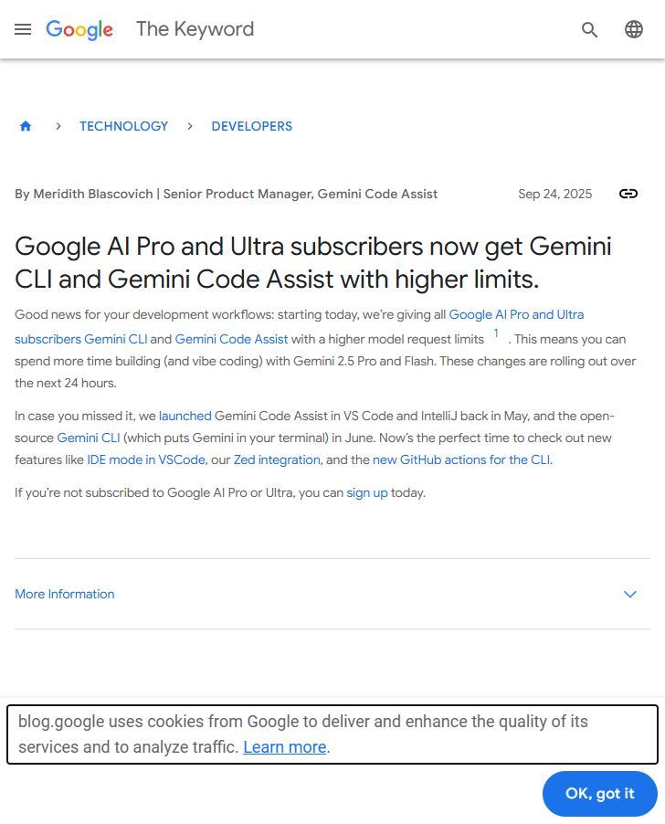 ai_hakase_'s tweet image. 【開発者必見】Geminiが「制限なし」に!? Google AI Pro/Ultraでモデルリクエスト制限大幅UP！

開発者の皆さん、朗報です！✨ Google AI Pro/Ultraユーザー向けに #GeminiCLI と #GeminiCodeAssist のモデルリクエスト制限が大幅に引き上げられました🚀 Gemini 2.5…