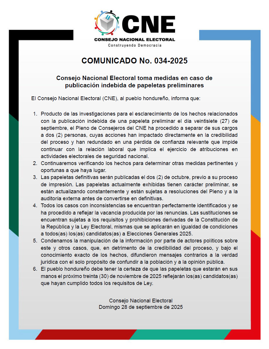 COMUNICADO No. 034-2025
Consejo Nacional Electoral toma medidas en caso de publicación indebida de papeletas preliminares