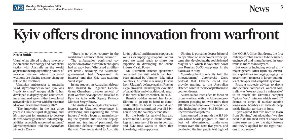 Australia and New Zealand have a unique opportunity to benefit from Ukraine’s innovations in autonomous systems: maritime, ground, and aerial. Ukraine is also exploring the possibility of establishing manufacturing in Australia, enabling the <a href="/DefenceAust/">Defence Australia</a> and <a href="/NZDefenceForce/">NZ Defence Force</a> to
