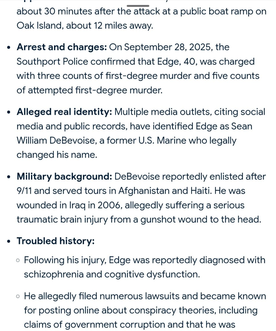 IGiveAHop's tweet image. Southport, NC, a tiny coastal town. Also an Iraq war veteran. He was shot and suffered massive brain injury in 2006. Yesterday, he shot up 12 citizens, 3 died. His real name is Sean William DeBevoise.  Nigel Max Edge was diagnosed with schizophrenia, but still had an AR 15 to…