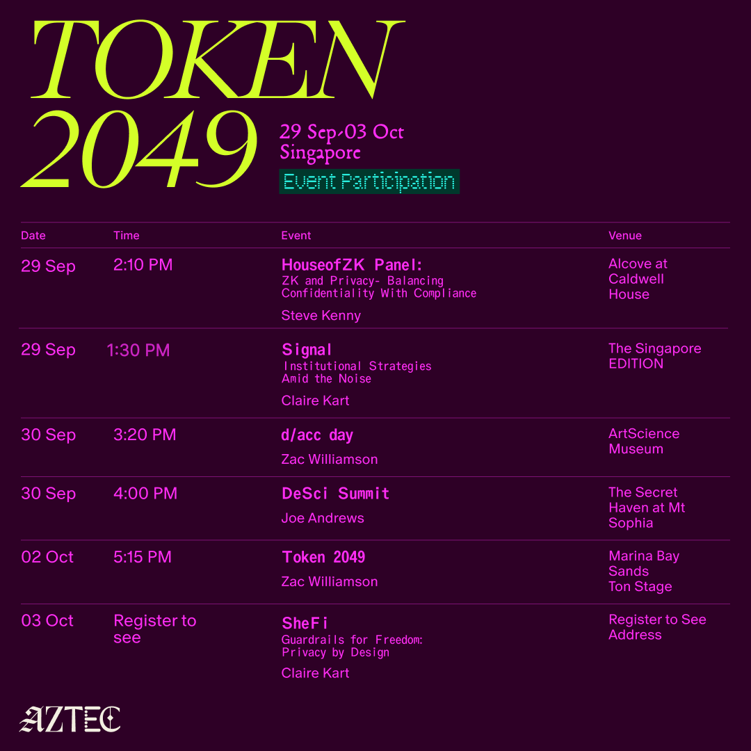 aztecnetwork's tweet photo. Who's going to @token2049? 

Lucky for you, we made a curated list of the talks you don't want to miss. https://t.co/ytzUUFQ6Cv