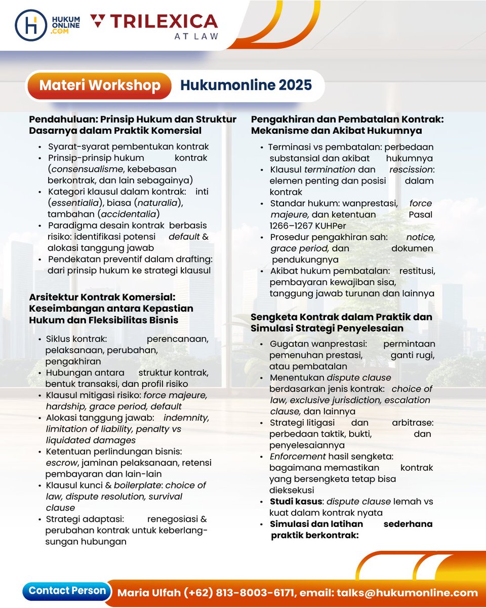 Risiko wanprestasi sering menjadi pemicu utama sengketa kontrak—mulai dari keterlambatan pembayaran, gagal serah barang, hingga pelanggaran kewajiban lain. Tanpa klausul yang jelas, perusahaan bisa terjebak dalam situasi merugikan dan sulit melakukan exit strategy yang aman.
