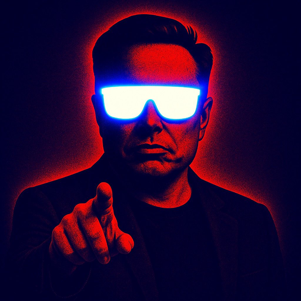 赤い光の中、発光するメガネでこちらを指さすイーロン・マスクの画像