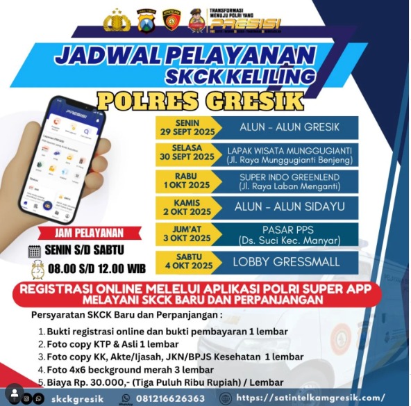 HumasGresik's tweet image. Jadwal SKCK Keliling Polres Gresik untuk pekan depan (29 September s/d 4 Oktober 2025) sudah keluar.
Catat tanggal dan lokasinya. ya!
Jangan sampai kelewatan, ya
#simkelilinggresik
#skckkelilinggresik
#gresik
#satlantaspolresgresik
#polresgresik
#skckonline
#skckpolresgresik