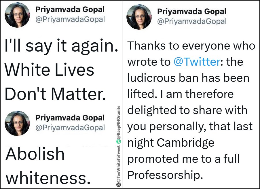 TooWhiteToTweet's tweet image. Remember when an Indian woman called for White genocide, then Cambridge awarded her a full professorship two days later?

She still at Cambridge, in England, where police imprison Englishmen who print anti-immigration stickers and harangue children who carry the English flag.