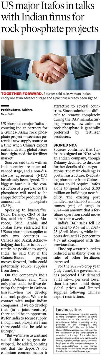 Prabhudatta Mishra (@1prabhudatta) on Twitter photo Breaking:
US phosphate major #Itafos has signed an NDA with an Indian #fertilizer major as discussions are on for a #JV to develop a mine in Guinea-Bissau for rock #phosphate
Read <a href="/businessline/">businessline</a> Breaking:
US phosphate major #Itafos has signed an NDA with an Indian #fertilizer major as discussions are on for a #JV to develop a mine in Guinea-Bissau for rock #phosphate
Read <a href="/businessline/">businessline</a>