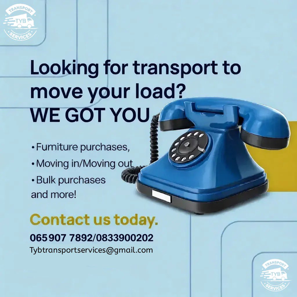 TYB_Transport's tweet image. FOR HIRE❗️❗️
✅ Reliable &amp;amp; Affordable  
✅ Stress-Free Moving Experience  
📞 Call us today for a FREE quote!  
💬 065-907 7892/083-390 0202
#MarriedAtFirstSightMzansi #SweetGuluvaBrandWeek