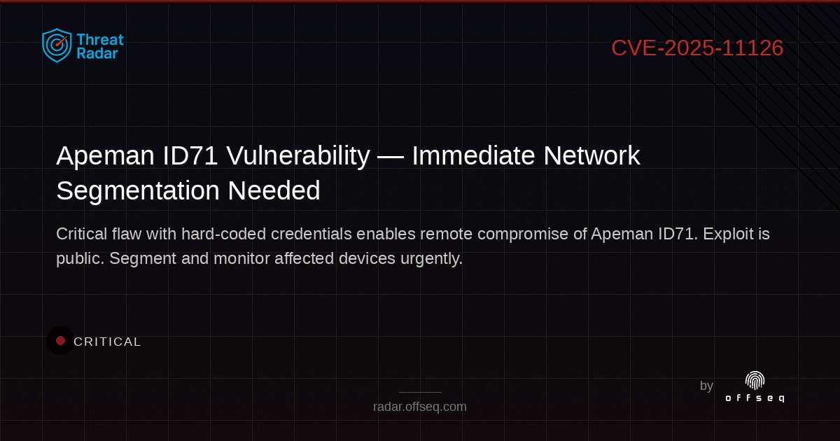offseq's tweet image. 🚨 CRITICAL: CVE-2025-11126 hits Apeman ID71 (218.53.203.117) — hard-coded creds allow remote takeover! Exploit is public, vendor silent. Segment &amp;amp; monitor now. radar.offseq.com/threat/cve-202… #OffSeq #cybersecurity #IoT