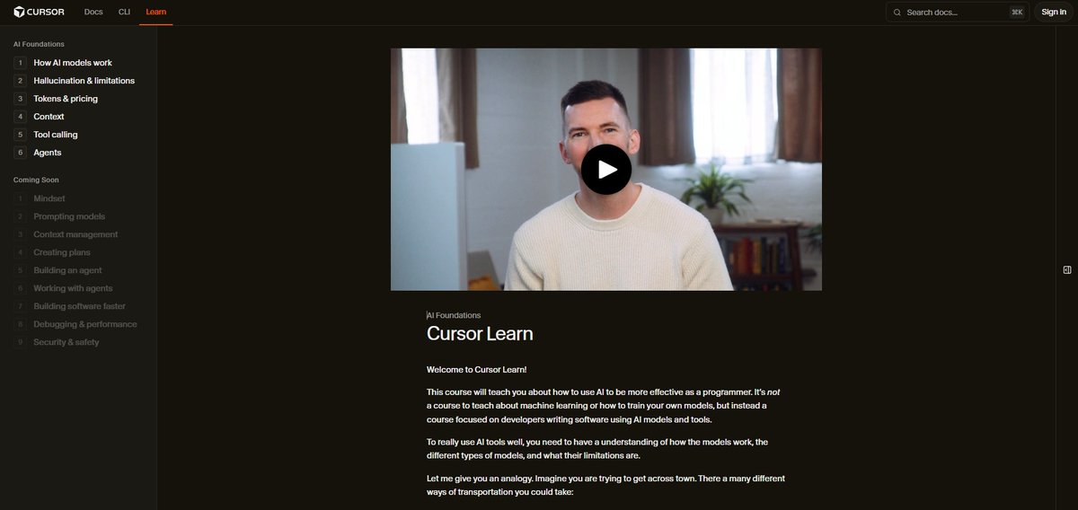 CodeWithSyed's tweet image. If you're trying to find out how to leverage AI coding tools correctly, I have some good news
Cursor has just released Cursor Learn, a course designed to teach individuals how to use AI correctly while coding.
It's completely free, get started here: cursor.com/learn