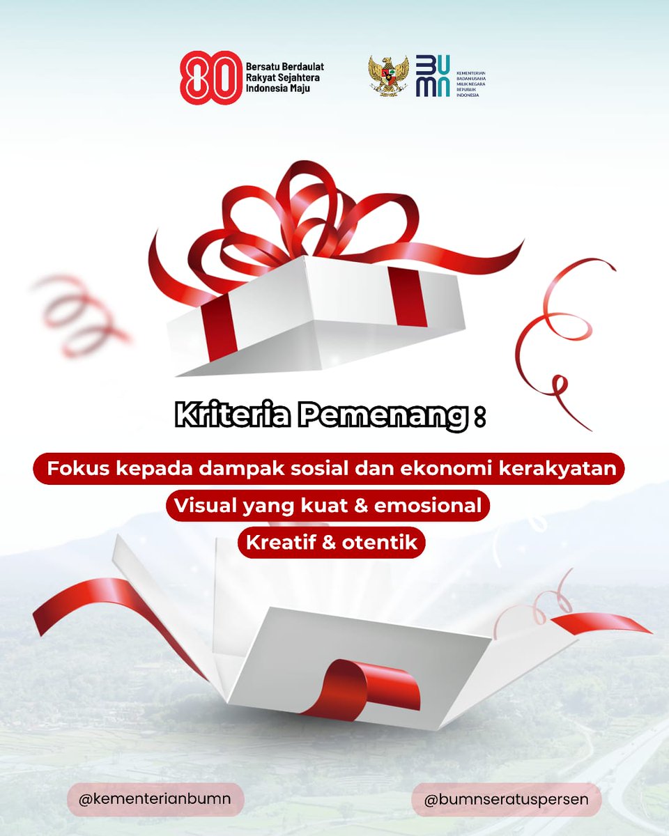 BumnDprRapi's tweet photo. Hai Insan BUMN!

Seiring semangat HUT RI ke-80, yuk teman-teman karyawan BUMN bisa membuktikan kalau teman-teman bukan sekadar bagian dari BUMN, namun juga bagian dari perjalanan bangsa dengan berpartisipasi dalam #VideoChallengeHUTRI80BUMN.

#HUT80RI https://t.co/NiRaSenJVS