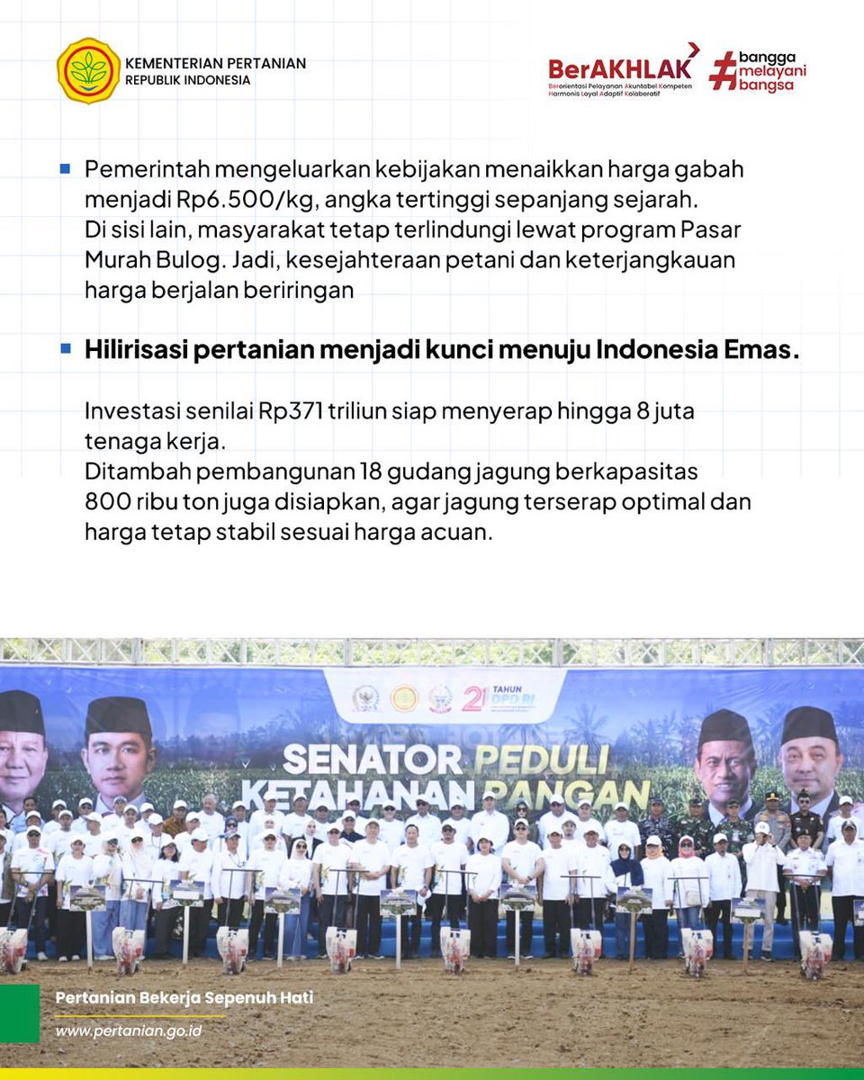 Kementerian Pertanian RI (@kementan) on Twitter photo Tanam jagung serentak bersama DPD RI di Kabupaten Pangkep menjadi momentum penting percepatan swasembada pangan. Mentan Amran menegaskan bahwa stok pangan Indonesia saat ini tertinggi sepanjang sejarah, tanpa impor beras, jagung, maupun komoditas utama lainnya.
#swasembadapangan Tanam jagung serentak bersama DPD RI di Kabupaten Pangkep menjadi momentum penting percepatan swasembada pangan. Mentan Amran menegaskan bahwa stok pangan Indonesia saat ini tertinggi sepanjang sejarah, tanpa impor beras, jagung, maupun komoditas utama lainnya.
#swasembadapangan
