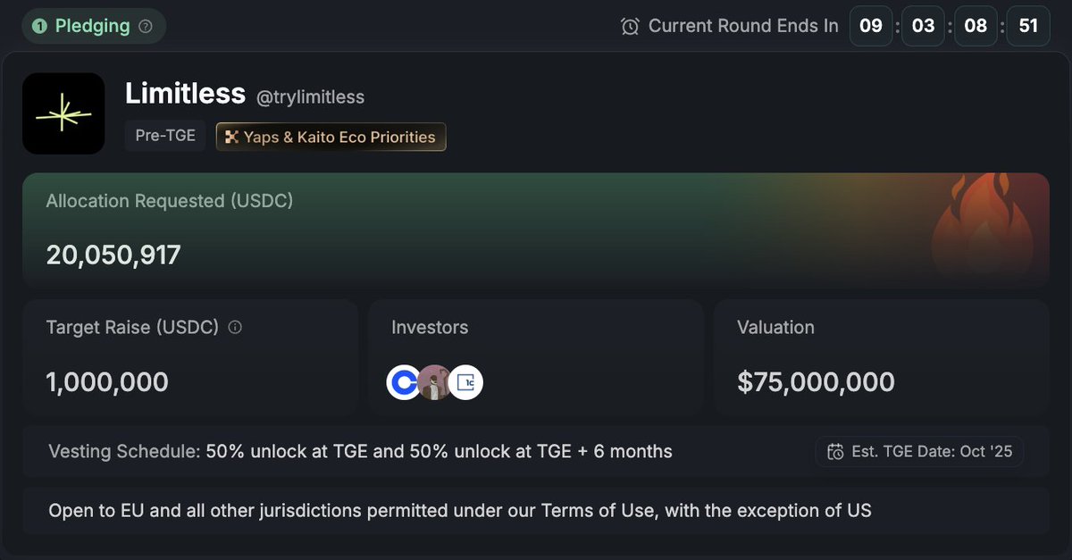 belk3_95's tweet image. Prediction markets on Base are pulling in real volume and @trylimitless is farming that meta with Kaito + Wallchain leaderboards in parallel 

0.25% alloc live for top 250, pre-sale target smashed, funding sentiment way above target 

If they land the rumored Coinbase touch,…