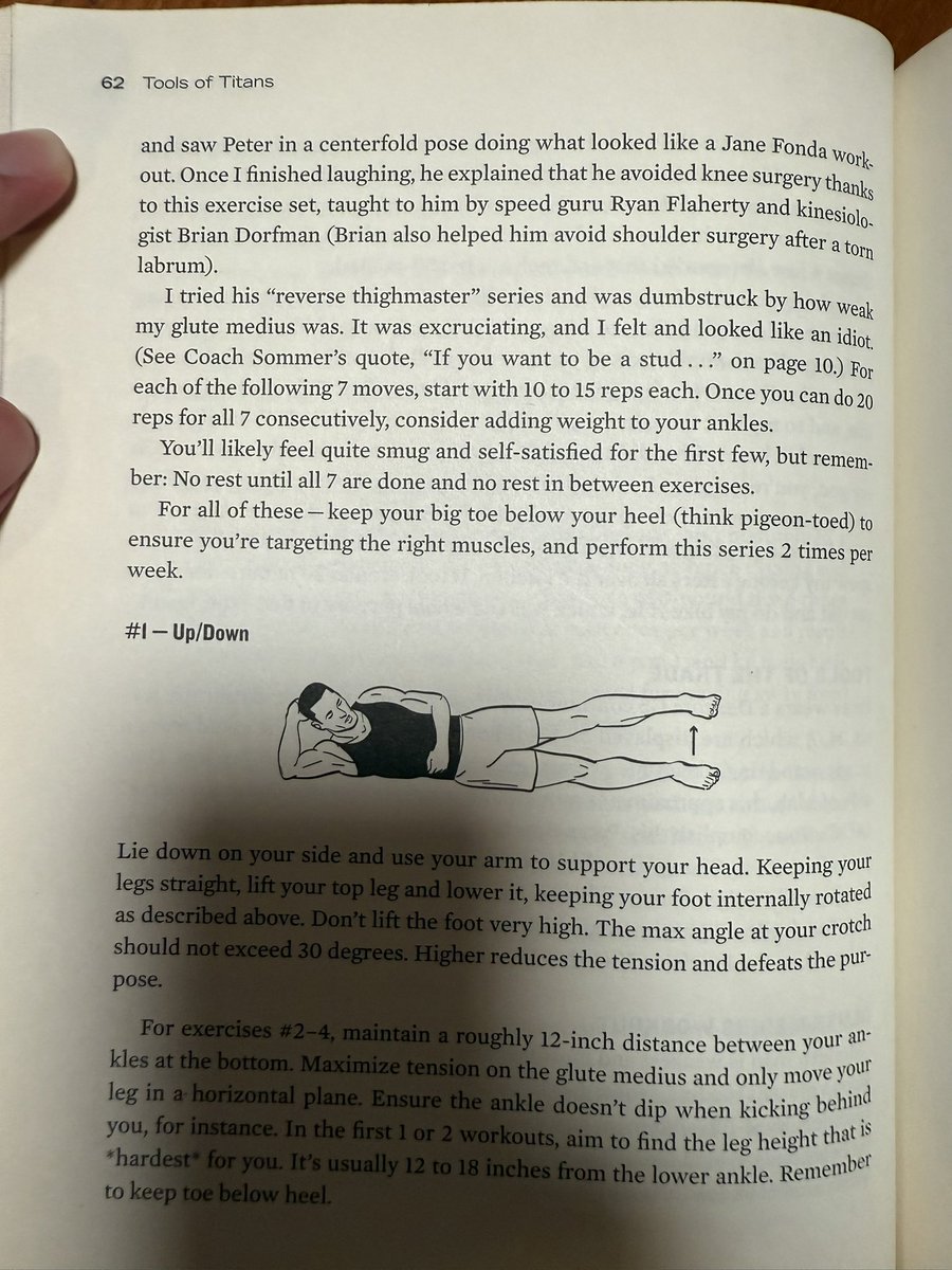 TopherNOW's tweet image. Travel tip you didn’t know you needed:

Do these weird glute exercises the night before a long flight. Your lower body will feel 10 years younger.

They were recommended by @PeterAttiaMD in @tferriss’s Tools for Titans.

Awesome book if you haven’t read it 👆