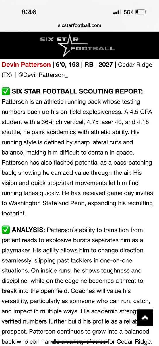 Devin Patterson (@devinpatterson_) on Twitter photo Thank you <a href="/sixstarfootball/">Six Star Football | PLUS+</a> for the article write up. I’m looking forward to the rest of the season and will continue working hard in the classroom and on the field each day!
#TTRL
<a href="/DkirkwoodWSU/">Donnell Kirkwood™</a> <a href="/nickmeltz/">Nick Meltz</a> <a href="/WSUCougarFB/">Washington State Football</a> <a href="/WazzuRogers/">Jimmy Rogers</a> <a href="/dfreund7/">Danny Freund</a> <a href="/CoachKSaddler/">Kyle Saddler</a> <a href="/CoachNealy/">Barrick Nealy</a> <a href="/GJKinne/">GJ Kinne</a> Thank you <a href="/sixstarfootball/">Six Star Football | PLUS+</a> for the article write up. I’m looking forward to the rest of the season and will continue working hard in the classroom and on the field each day!
#TTRL
<a href="/DkirkwoodWSU/">Donnell Kirkwood™</a> <a href="/nickmeltz/">Nick Meltz</a> <a href="/WSUCougarFB/">Washington State Football</a> <a href="/WazzuRogers/">Jimmy Rogers</a> <a href="/dfreund7/">Danny Freund</a> <a href="/CoachKSaddler/">Kyle Saddler</a> <a href="/CoachNealy/">Barrick Nealy</a> <a href="/GJKinne/">GJ Kinne</a>