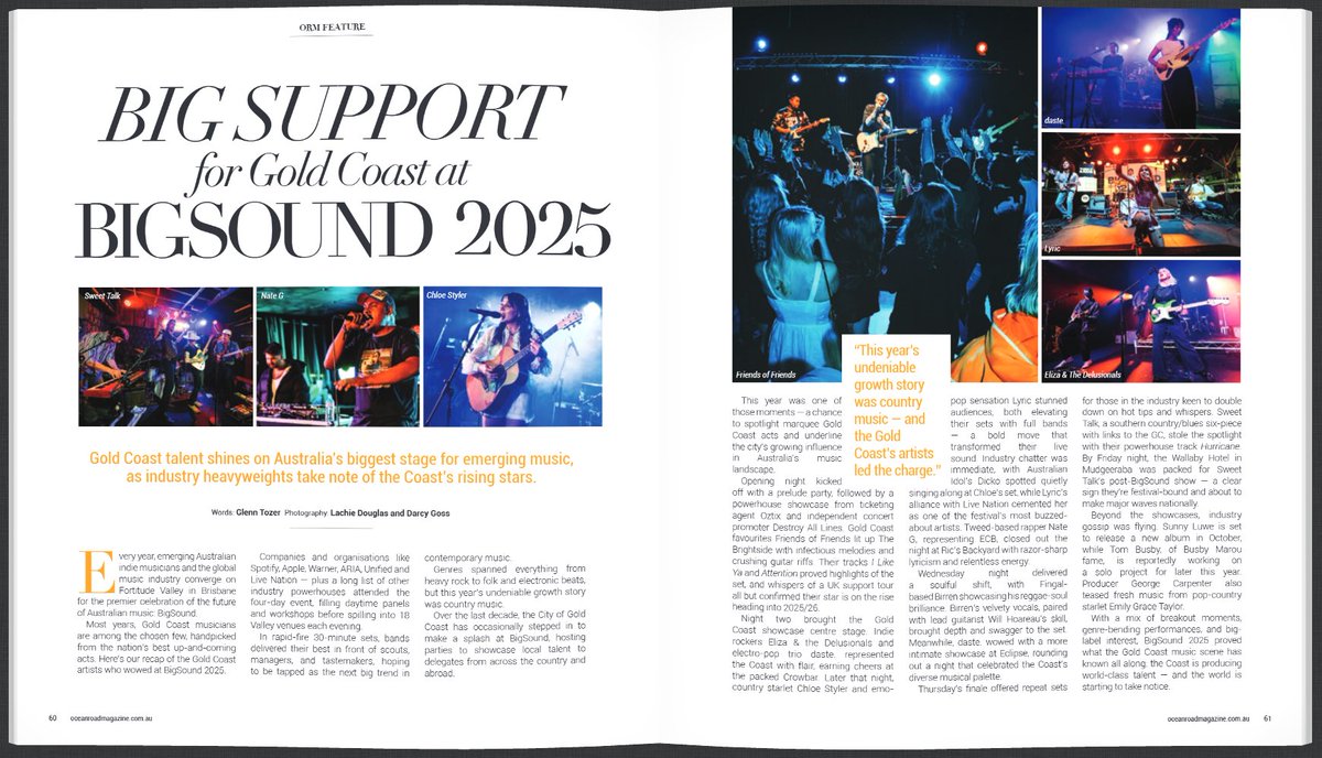#GoldCoast musicians shone at <a href="/BIGSOUNDtweets/">BIGSOUND</a> this year. Thanks to <a href="/OceanRoadMag/">Ocean Road Magazine</a> for the feature. Pics by <a href="/somefx/">Some FX</a> and <a href="/darcygossmedia/">Darcy Goss</a> :) 
oceanroadmagazine.com.au/magazine-issue…