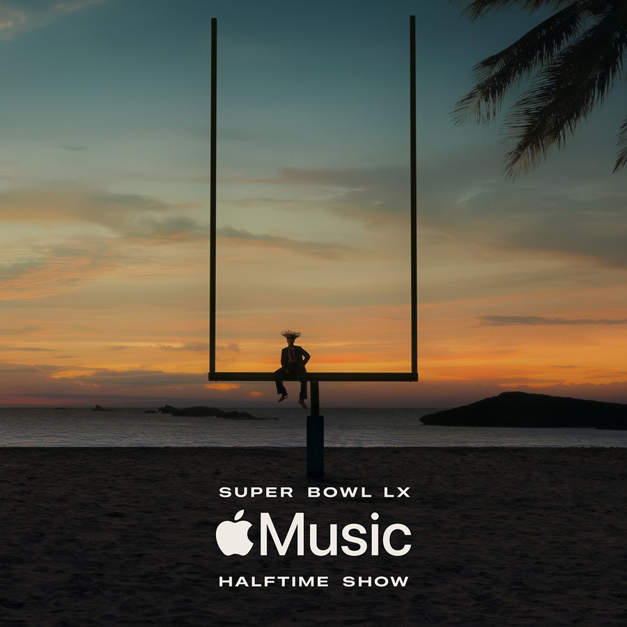 A silhouette of Bad Bunny sitting on a football goalpost at sunset on a beach with palm trees and ocean in the background. Text at the bottom reads "SUPER BOWL LX Apple Music HALFTIME SHOW".