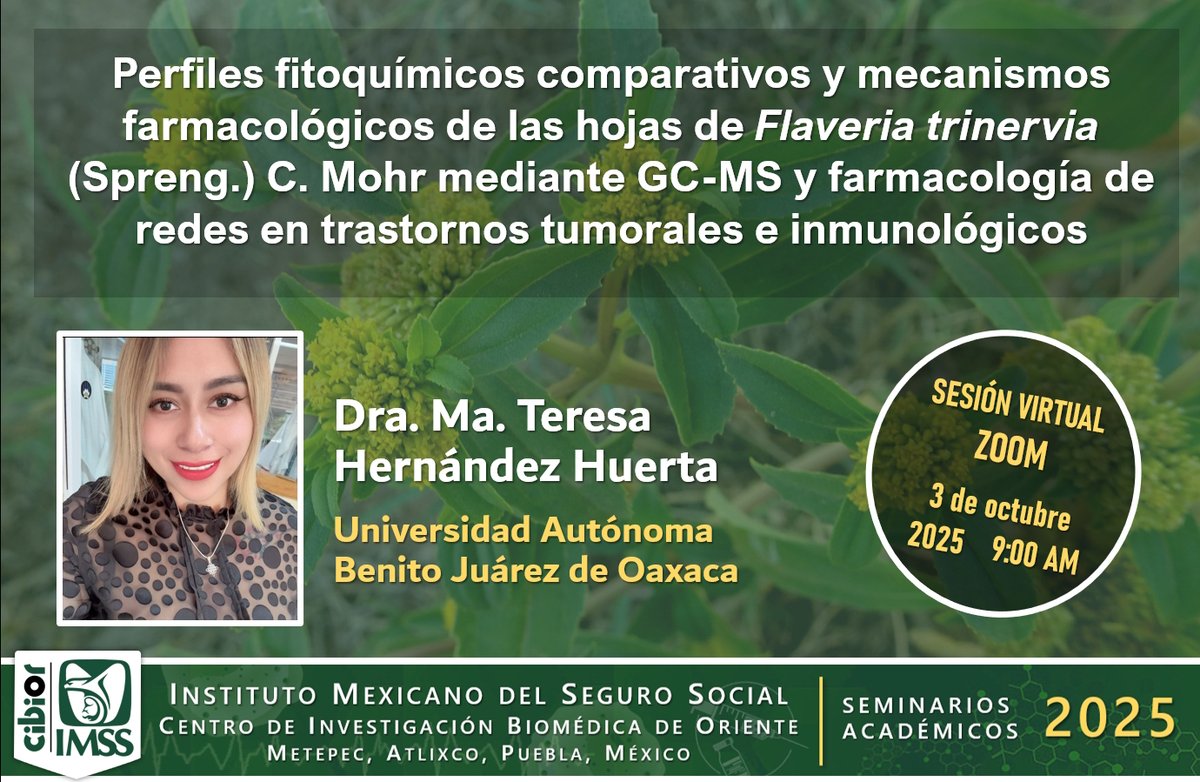 03/10/2025 SEMINARIOS CIBIOR 2025 - Perfiles fitoquímicos comparativos y mecanismos farmacológicos de las hojas de Flaveria trinervia mediante GC-MS y farmacología de redes en trastornos tumorales e inmunológicos - Dra. Ma. Teresa Hernández Huerta -  actualidades-cibior.blogspot.com/2025/09/031020…