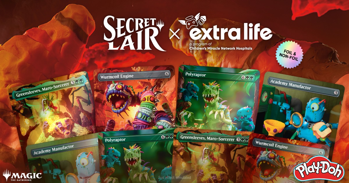 MTGSecretLair's tweet image. The Extra Life 2025 Secret Lair x Play-Doh drop is now available! 50% of the purchase price supports Extra Life and the families at Seattle Children&apos;s Hospital.
 
Start sculpting: magicsecretlair.com