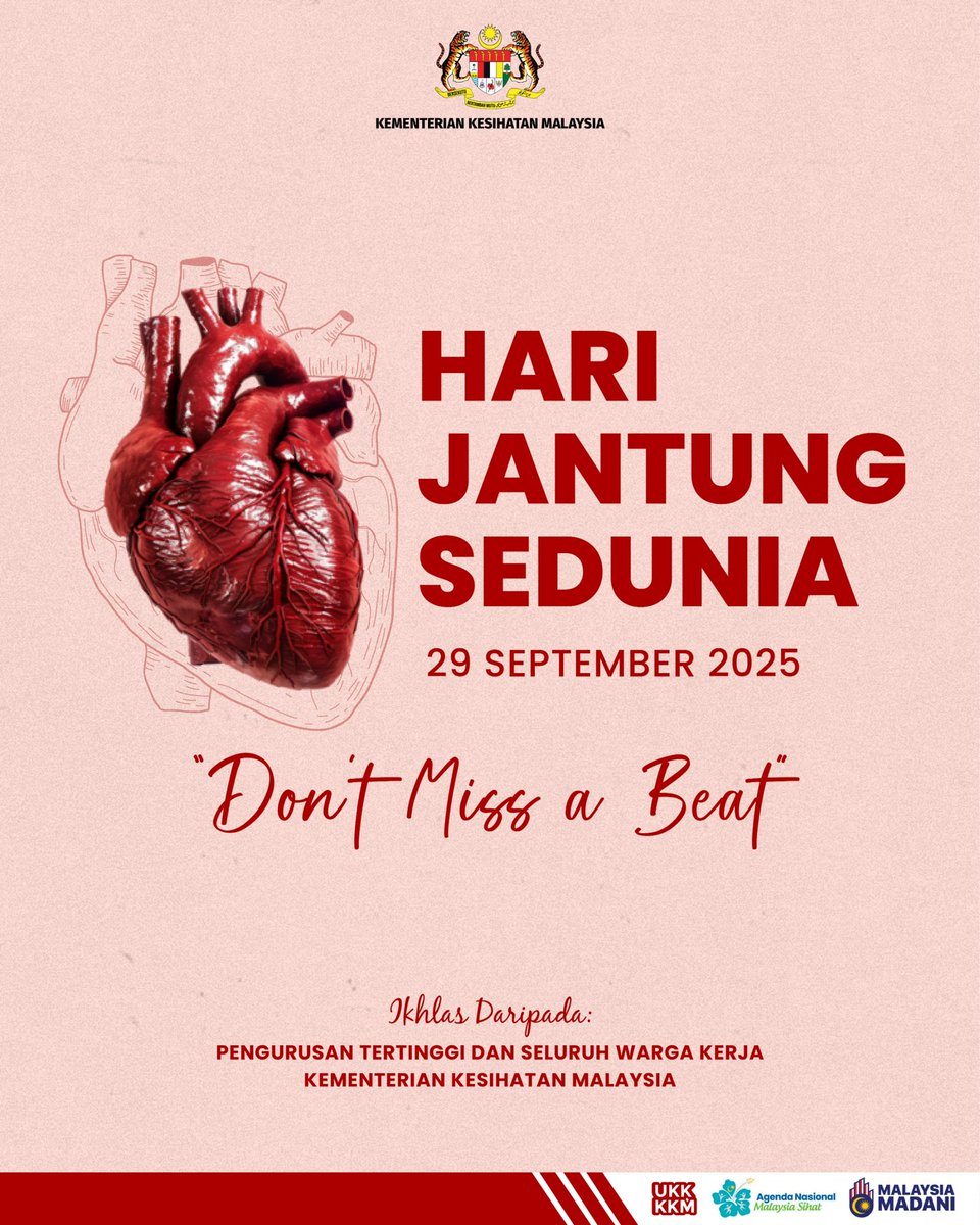 𝐇𝐚𝐫𝐢 𝐉𝐚𝐧𝐭𝐮𝐧𝐠 𝐒𝐞𝐝𝐮𝐧𝐢𝐚 𝟐𝟎𝟐𝟓

Pertubuhan Kesihatan Sedunia menetapkan 29 September setiap tahun sebagai Hari Jantung Sedunia.

Sambutan ini bertujuan meningkatkan kesedaran dan advokasi kepada seluruh masyarakat agar lebih peka dalam menjaga kesihatan jantung