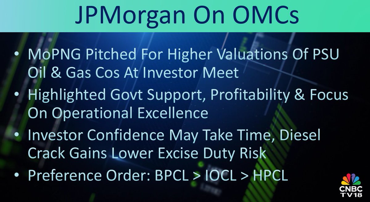 CNBCTV18Live's tweet image. #CNBCTV18Market |   #JPMorgan On #OMCs: #MoPNG pitched for higher valuations of PSU oil &amp;amp; gas cos at investor meet, highlighted Govt support, profitability &amp;amp; focus on operational excellence. Investor confidence may take time, #diesel crack gains lower excise duty risk