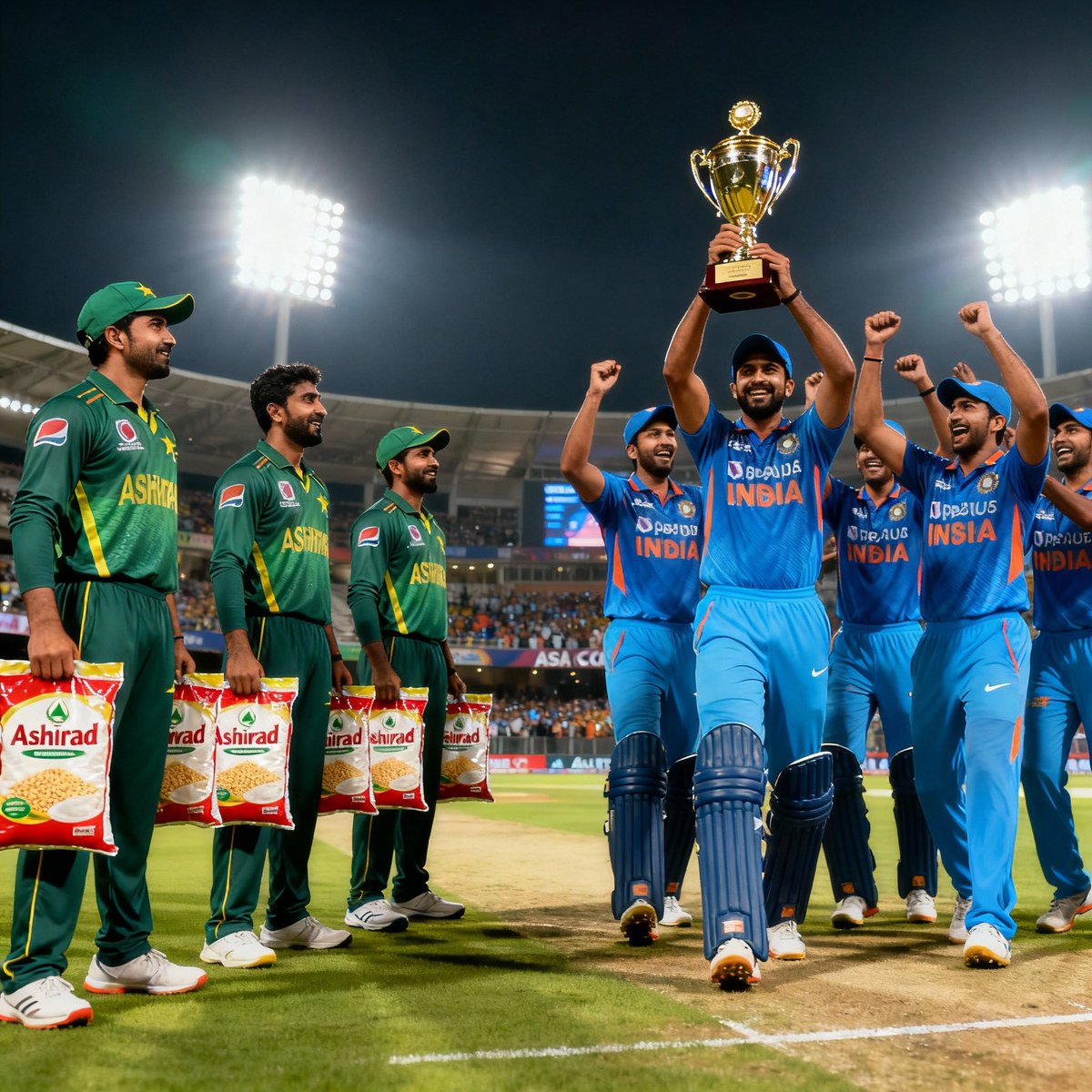 saurabhjha12's tweet image. #INDvsPAK #AsiaCupFinal
India lifts the trophy while Pakistan bringing home bags of atta for their atta deprived hungry masses.