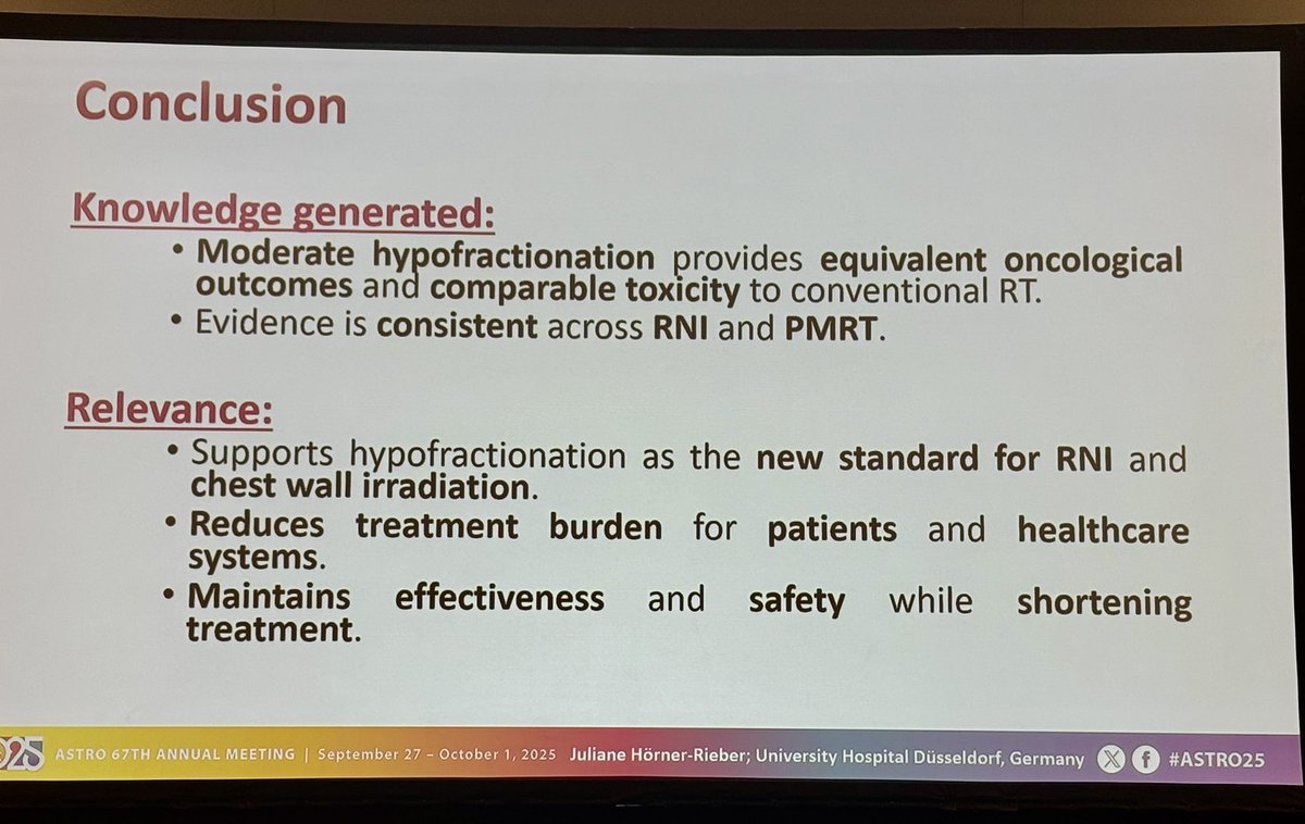 Icro_Meattini's tweet image. Juliane Horner-Rieber presented a timely systematic review &amp;amp; meta-analysis comparing moderate hypofractionation vs 2 Gy/fx for RNI &amp;amp; PMRT #ASTRO25

🟰 Oncological outcomes
🔒 Comparable safety
✅ Moderate hypo standard of care

#radonc #breastcancer #OncoAlert @OncoAlert