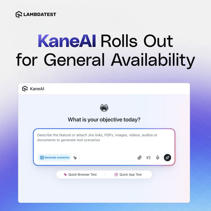 shahzebhoda's tweet image. AI-powered QA just leveled up! 🚀

KaneAI, our GenAI-Native testing assistant, is now generally available! 🔗 lnkd.in/gQY7prYY

Simply chat with KaneAI in natural language to create test cases effortlessly.

#KaneAI #SoftwareTesting #TestAutomation #LambdaTestYourApps