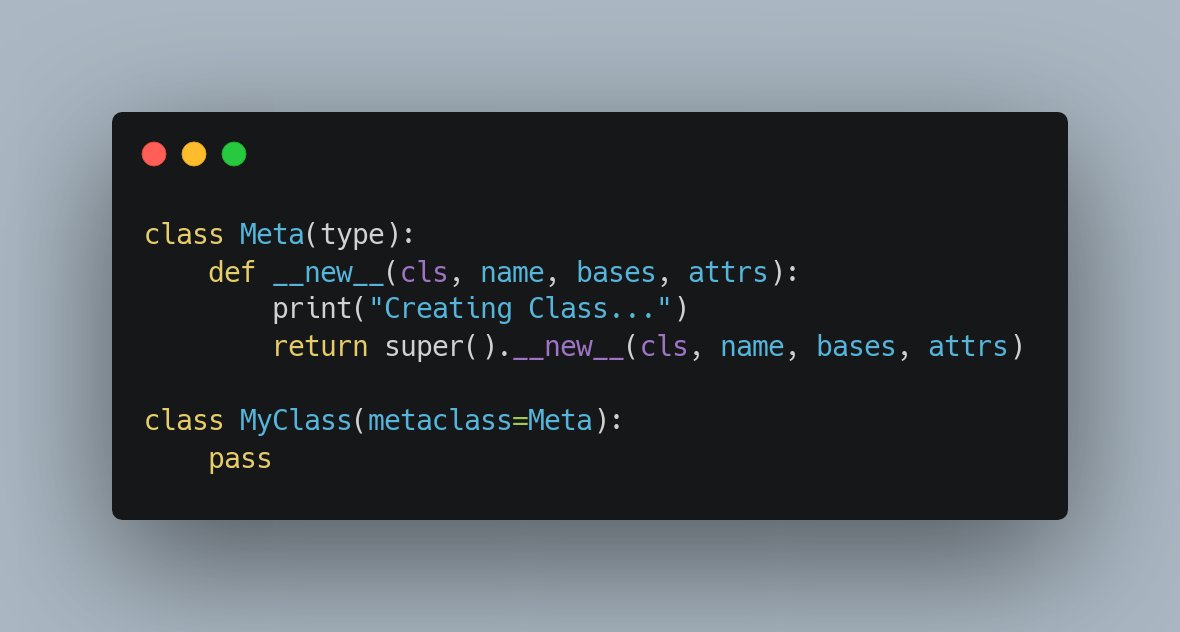 PythonHQ's tweet image. Do you enjoy designing #Python classes but wish you had more control? Metaclasses let you customize class creation! They're like 'classes for classes'. Great for adding functionality & controls at a higher level.
Here's how to define one: