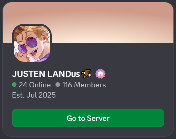 justen_ch's tweet photo. MY FRIENDS MADE A JUSTEN SERVER
I'M HERE RN, COME SAY HI OR STALK https://t.co/bC6FOoqu3Y