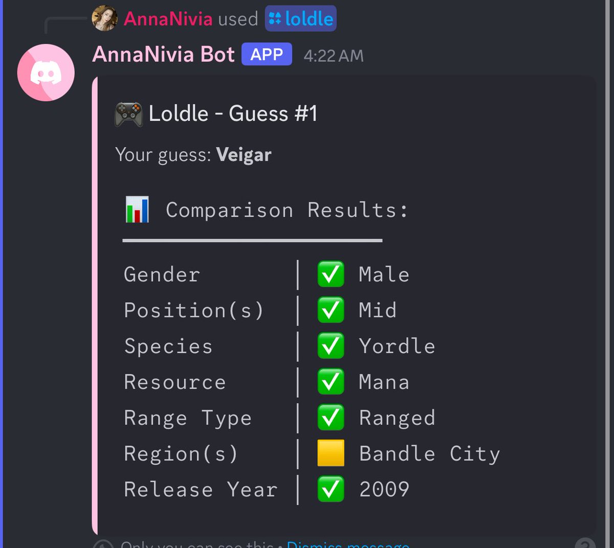 My discord server has its own LoLdle bot now 🤩

First guess: 6/7 things instantly correct… and I still needed 7 tries to get it💀

✅You can try it yourself in my server (link’s in bio)!

(<a href="/ThePjpollie/">Pollie</a> is an absolute 🐐 for making all the bots)