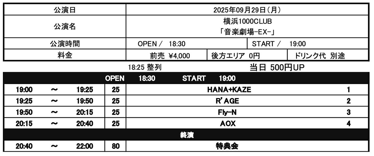 ⚔️本日⚔️

『音楽劇場-EX-』

▶横浜1000CLUB
▶︎OPEN18:30 / START19:00
▶︎出演 19:25〜19:50
▶︎物販 20:40〜22:00
▶︎当日¥4,500 / 後方¥0(1D別)

🔥動員特典🔥
▶︎1ポイント