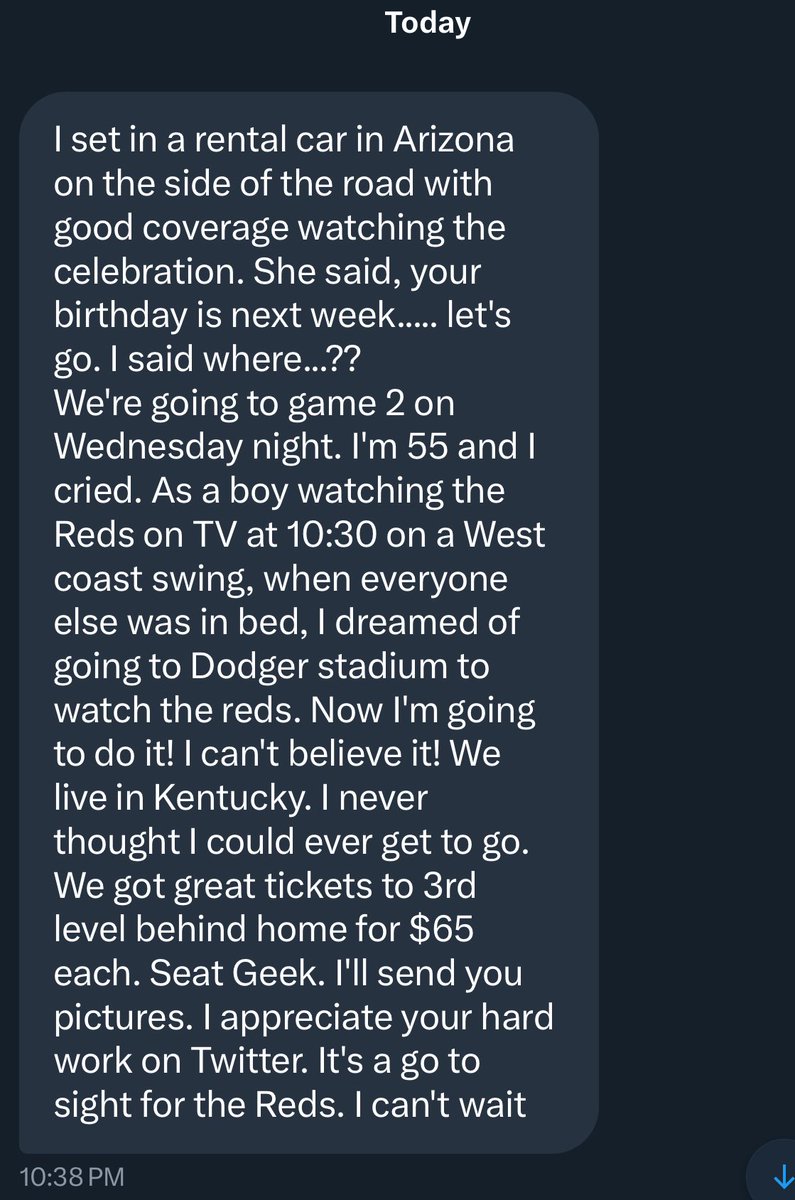 Got this message and got permission to share it. 

Think this doesn’t mean something to fans? 

Reds fans have been through a lot. 

Sports are the best.