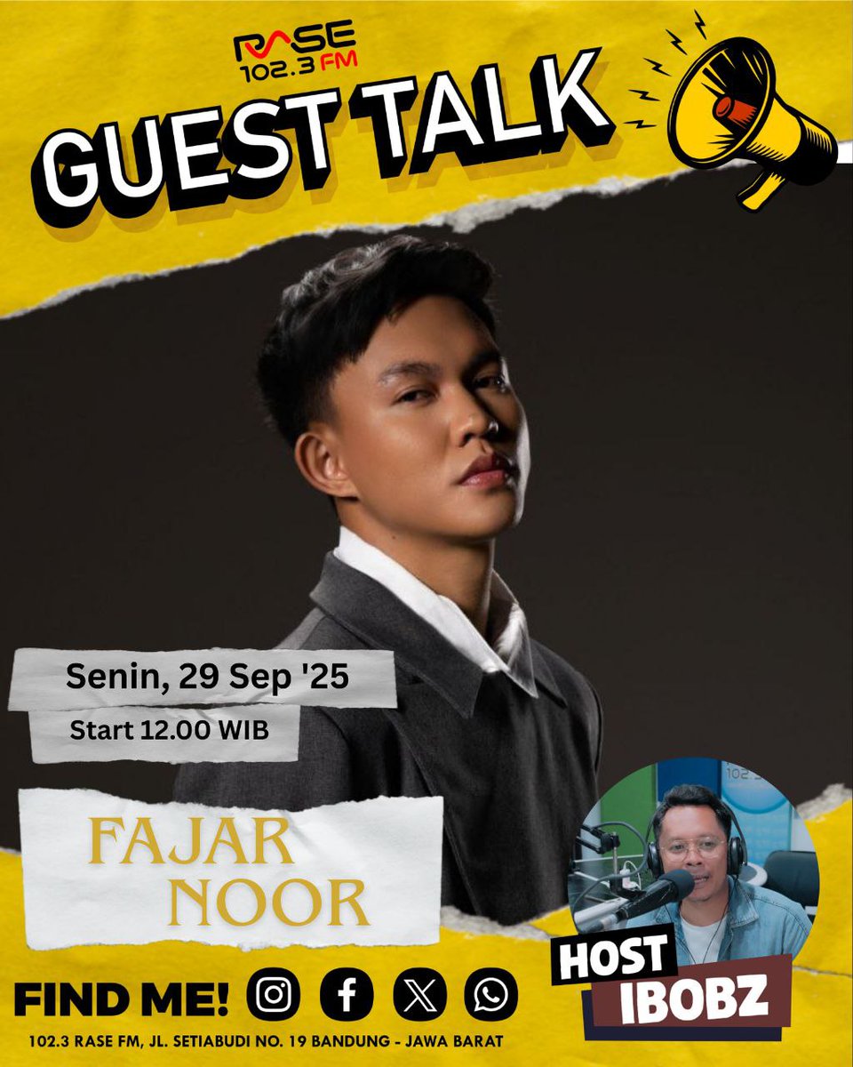 RASE FM BANDUNG (@rasefmbandung) on Twitter photo Mood booster di hari senin! siap siap buat dengerin Fajar Noor yang bakal ceritain gimana perjalanannya membawakan lagu #MenjagaHati karya maestro Yovie Widianto.
Fajar siap berbagi cerita perjalanan musiknya langsung di <a href="/rasefmbandung/">RASE FM BANDUNG</a>
Ditemenin host <a href="/ibobmz/">bobby m iqbal</a> Mood booster di hari senin! siap siap buat dengerin Fajar Noor yang bakal ceritain gimana perjalanannya membawakan lagu #MenjagaHati karya maestro Yovie Widianto.
Fajar siap berbagi cerita perjalanan musiknya langsung di <a href="/rasefmbandung/">RASE FM BANDUNG</a>
Ditemenin host <a href="/ibobmz/">bobby m iqbal</a>