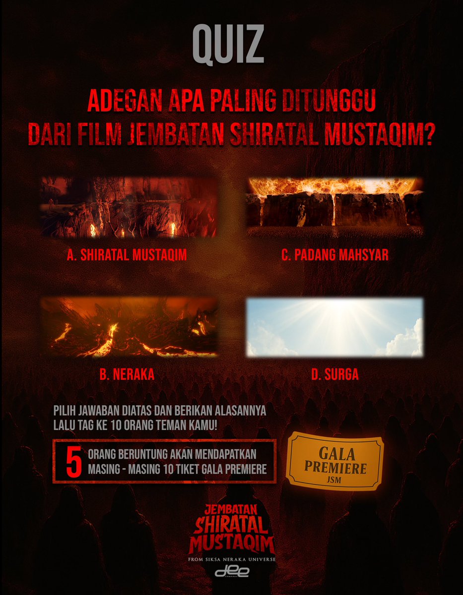 QUIZ! Adegan apa yang kamu tunggu? tulis jawaban di kolom komentar. 5 Orang terpilih akan dapatkan masing - masing 10 ticket nonton Gala Premiere Jembatan Shiratal Mustaqim!

Jangan lupa Tag ke 10 orang teman kamu!

Saksikan 9 Oktober 2025 di bioskop!

#DeeCompany